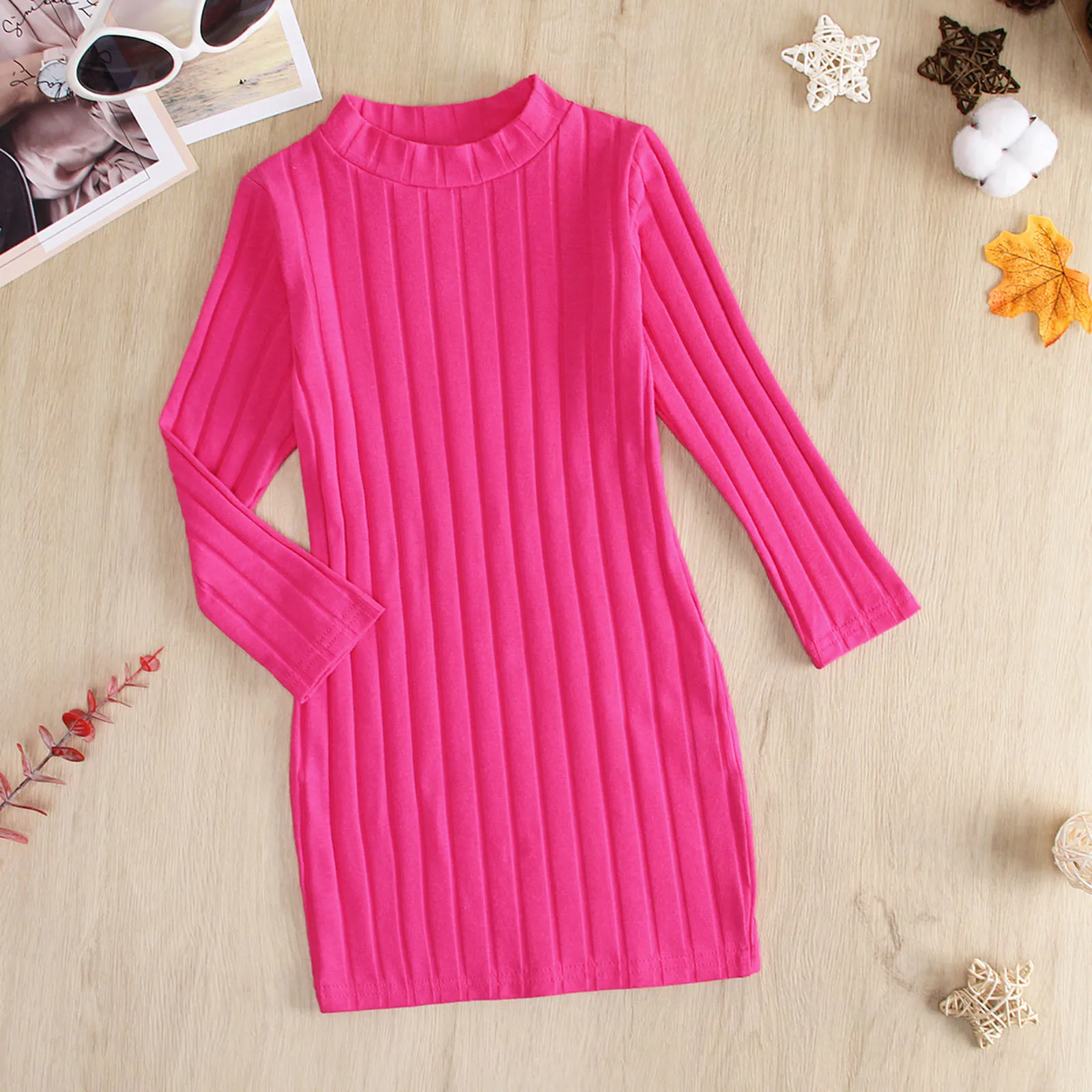 Kids Toddler Baby Girls Spring Winter Solid High Long Sleeve Knit Dress Little Girls Christmas Dresses