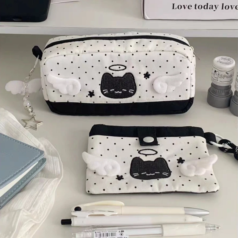 Cute Cartoon Angel Demon Cat Pencil Case Black Polka Dot Makeup Pouch Large Capacity Stationery Organizer for School Supplies
