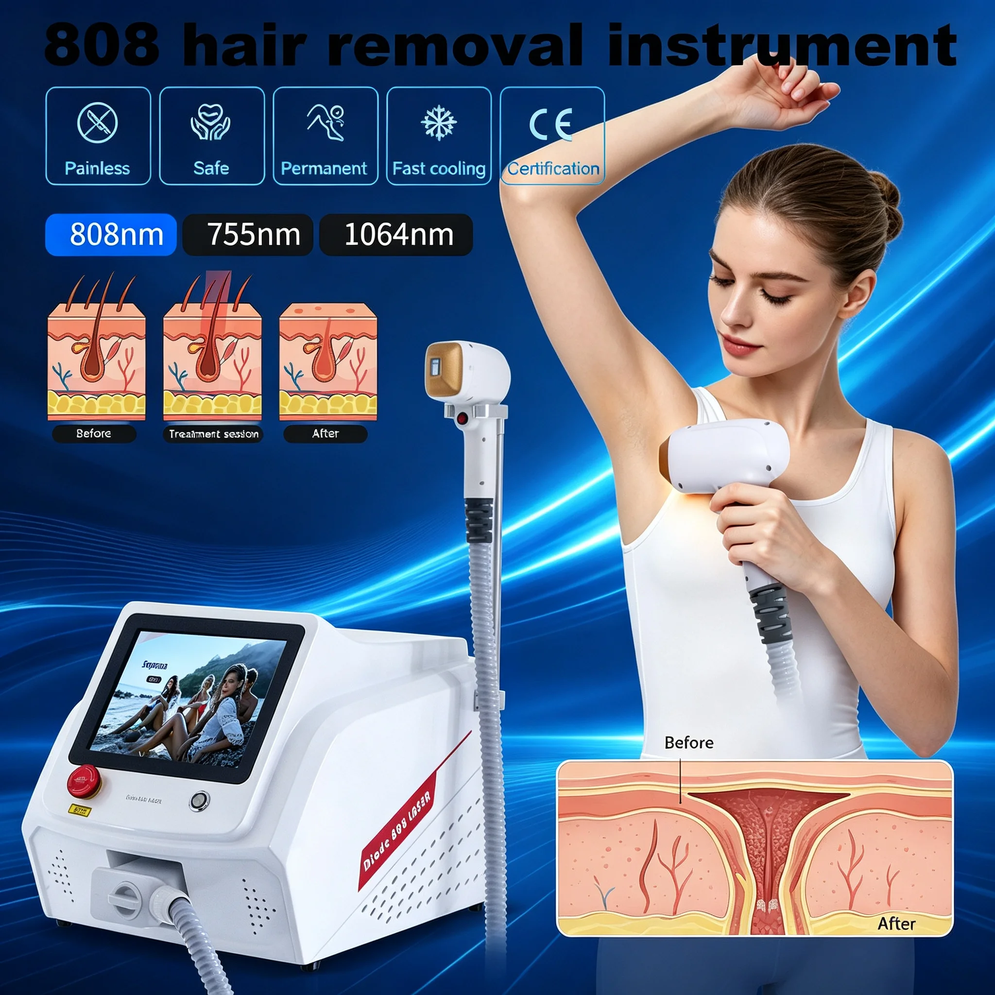 Ice Cooling Diode Laser Hair Removal Machine 755 808 1064nm Painless Permanent Epilator Full Body Salon Beauty Device