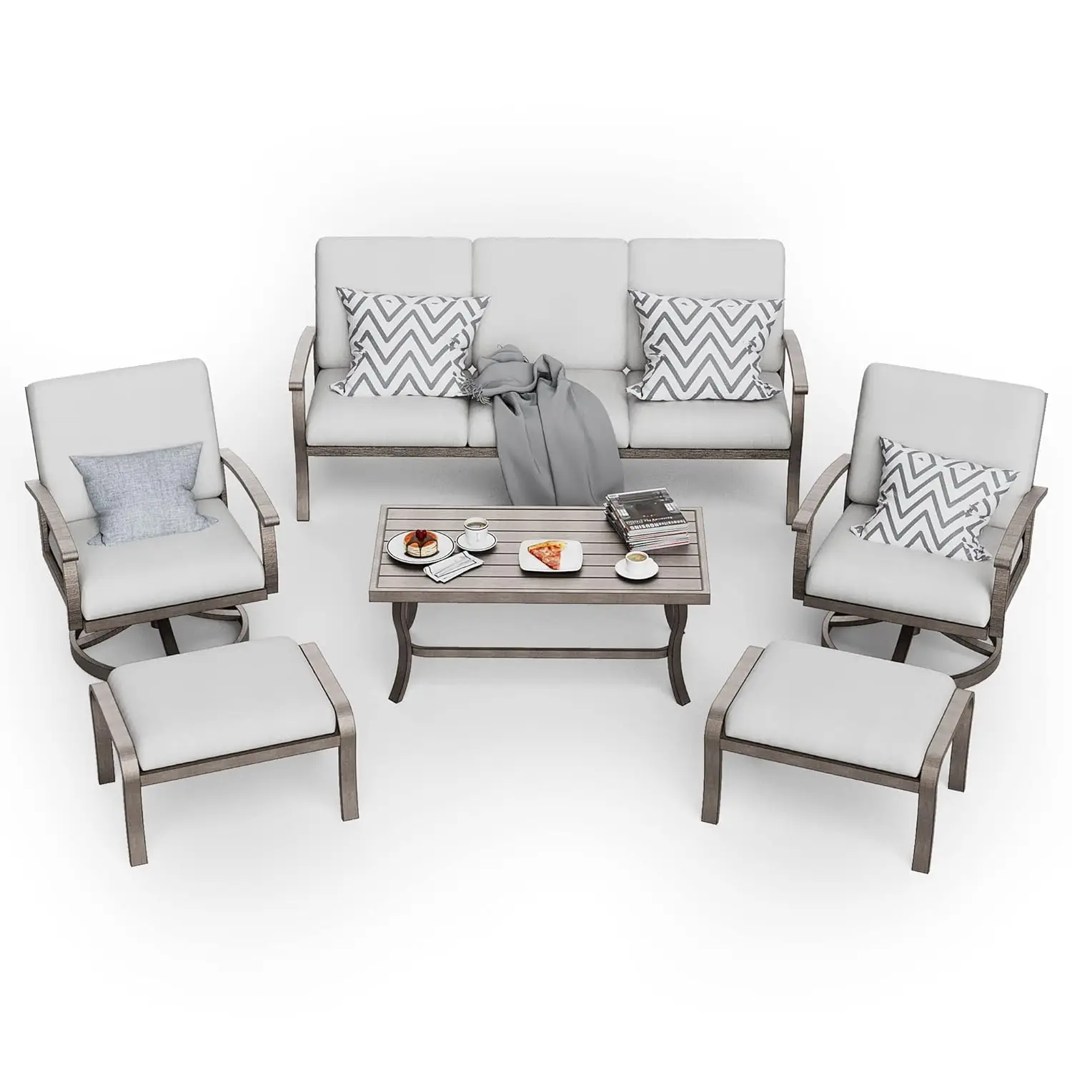 

Комплект садовой мебели из 6 предметов из алюминия: 3-местный уличный диван с пуфами и вращающимися креслами, всепогодный, на заказ