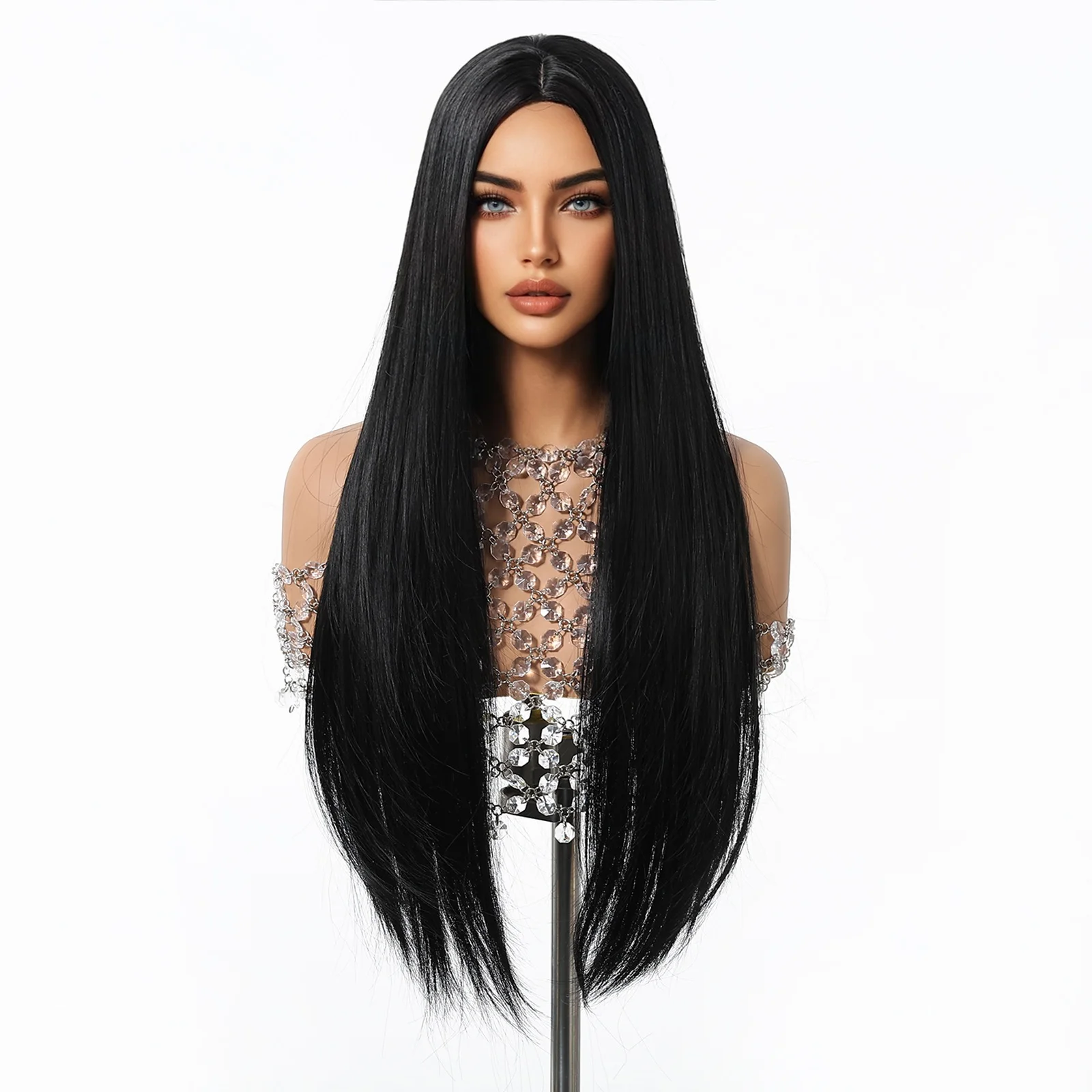 Black Middle Part Long Straight Synthetic Wig with Natural Look Heat Resistant Fiber for Women Daily Use Party Cosplay Hair