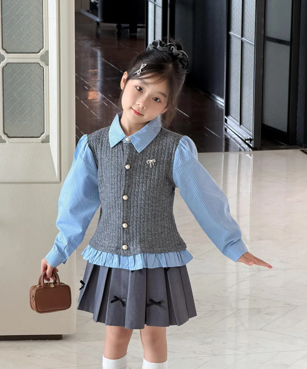 Autumn baby girl clothes kids tops baby false two-piece school school Knitted patchwork shirt top fashion clothes