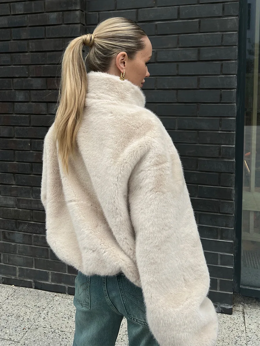 Autumn Winter Women Zip Up Faux Fur Coat Stand Collar Loose Plush Fuzzy Jacket Warm Streetwear Outerwear for Ladies