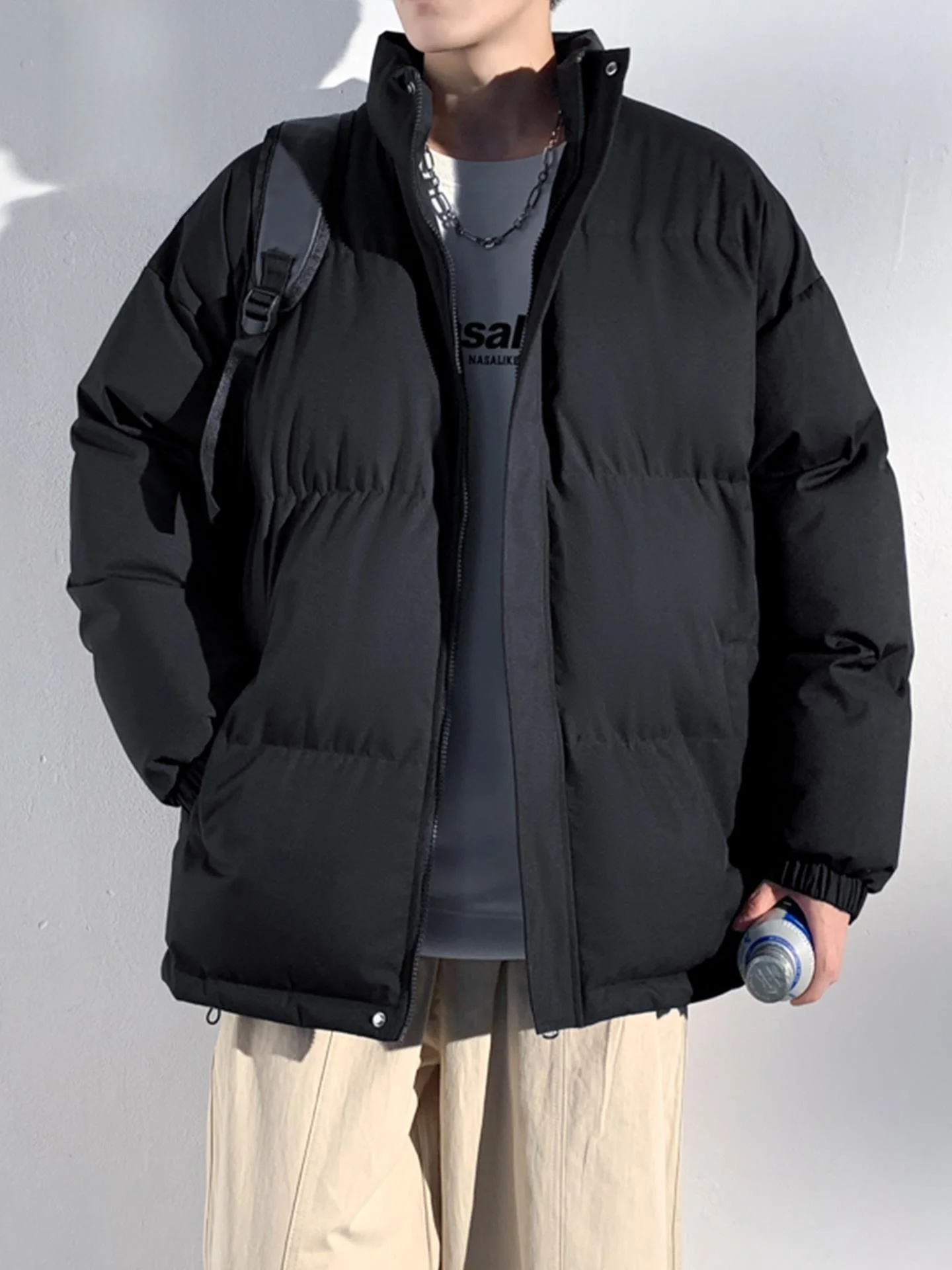 

Thiened Fce Lined down Cotton Jaet Men's Winter Stand Collar Bread Sle Coat Pure Color Warm Long Sve Zipper Closure