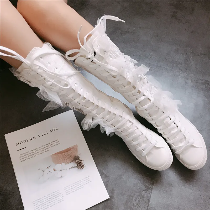 White Canvas High Tops Lace Up Women\'s Sneakers Cool Motorcycle Ladies Knee High Boots Luxury Rhinestone Casual Vulcanized Shoes