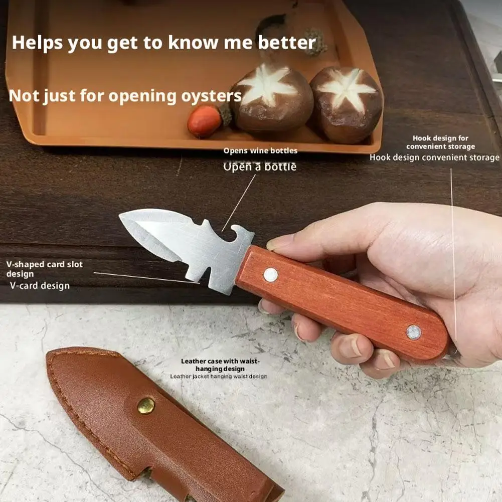 Oyster Knife Shucker Tool Stainless Steel Seafood Opener With Protective Cover Solid Wood Handle Built-in Bottle Opener