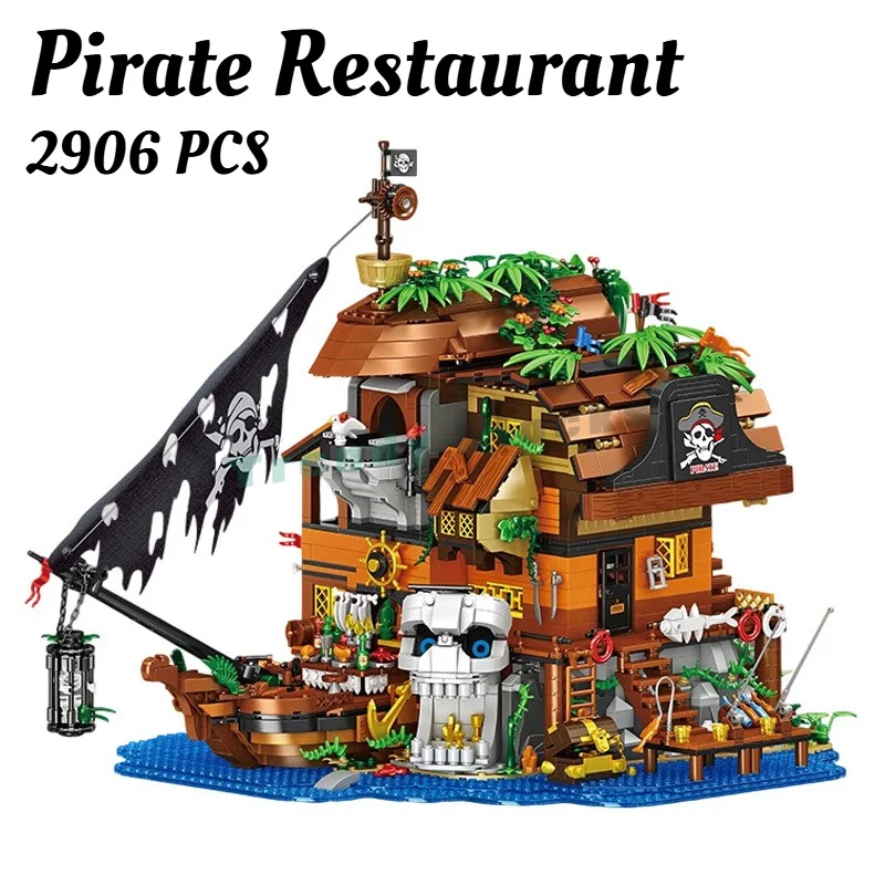 2906PCS Adventure Building Set Pirate Restaurant Building Blocks,Street View Architecture Desktop Decor with Lighting Toys Gifts