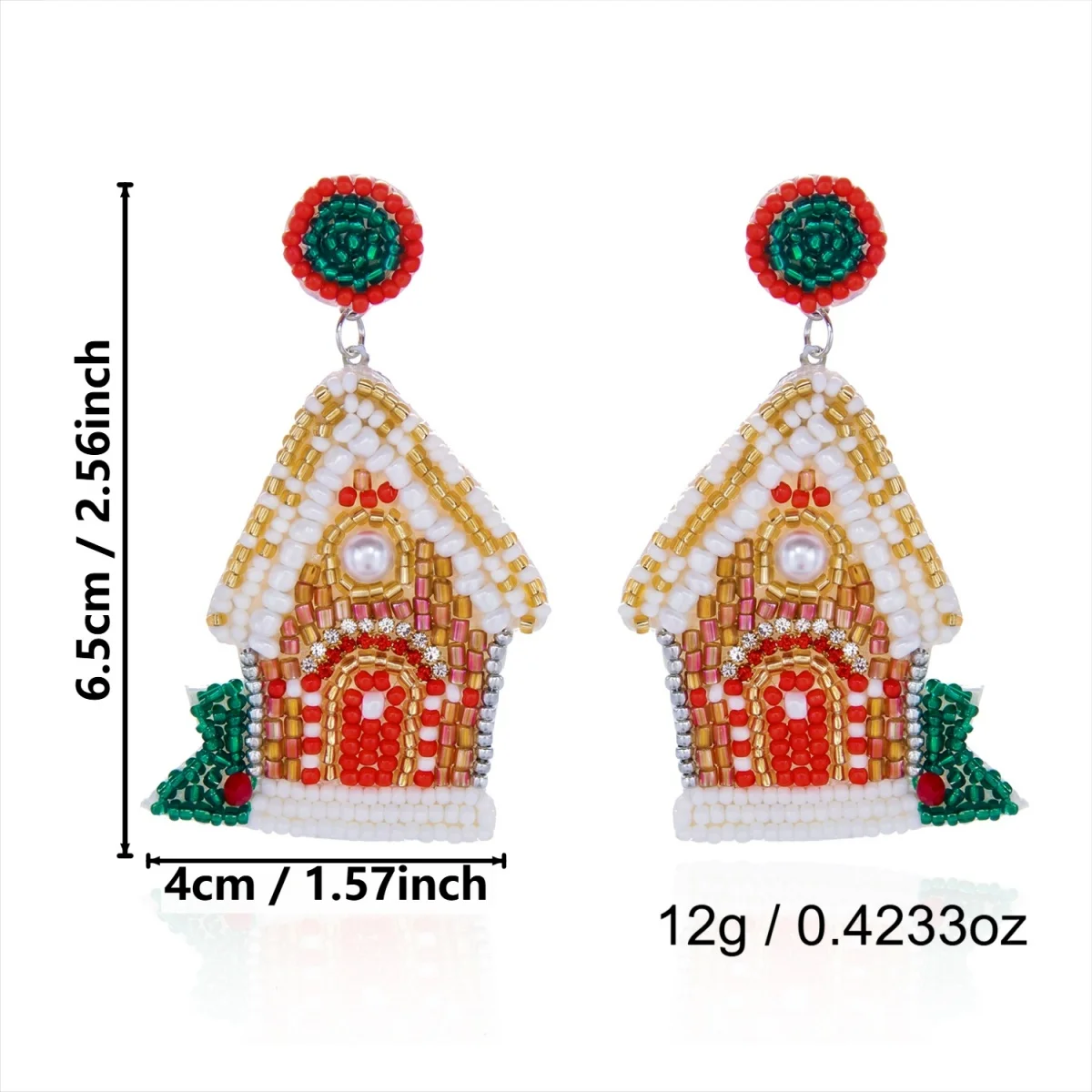 Weihnachtliche Ohrringe in Form eines Hauses mit Reisperlen für Damen, bunte Perlen, Weihnachtsmann, Rentier, Schneeflocke, Baum, Schleifen-Ohrringe, Schmuck. – Detail 3