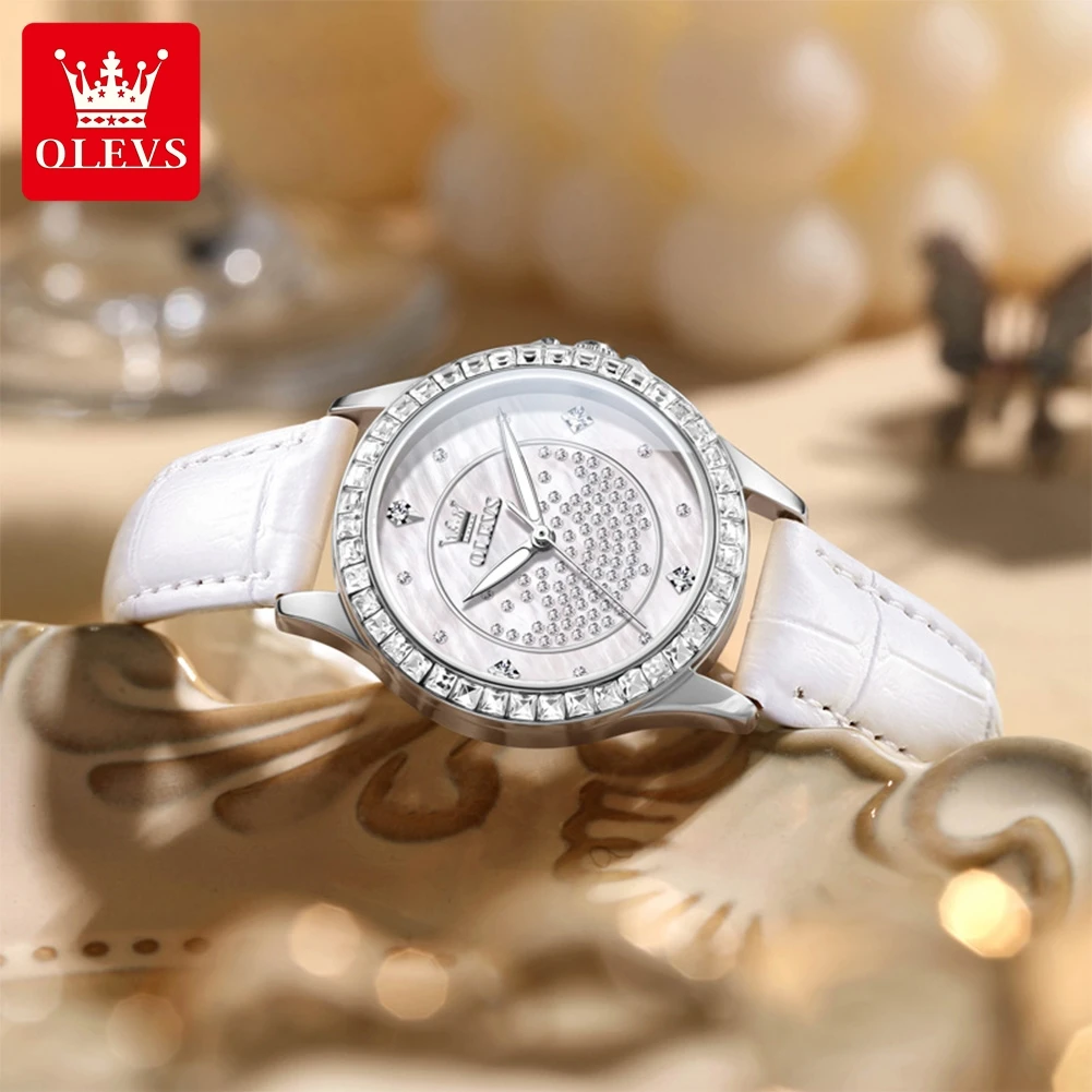 OLEVS 3715 Quartz Watch for Woman Fashion Leather Strap Waterproof Elegant Full Diamond Luxury Original Ladies Dress Wristwatch