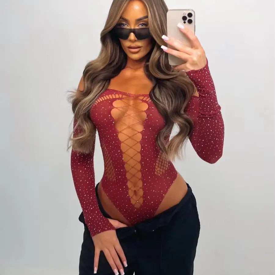 

women's hot diamond sparkling lingerie with long sleeved mesh bodystocking lingerie