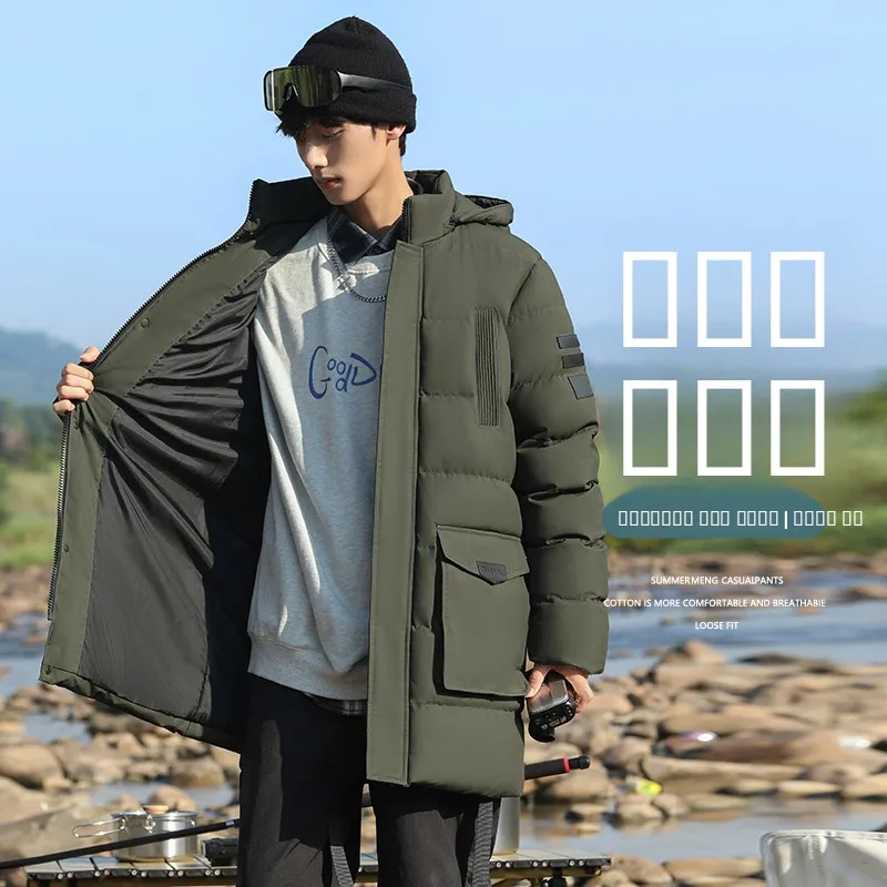 

Thiened down Cotton Jaet Men's Winter Coat Warm Stand Fit Long Sve Zipper Closure Hooded Cleanfit Sle Pure Color