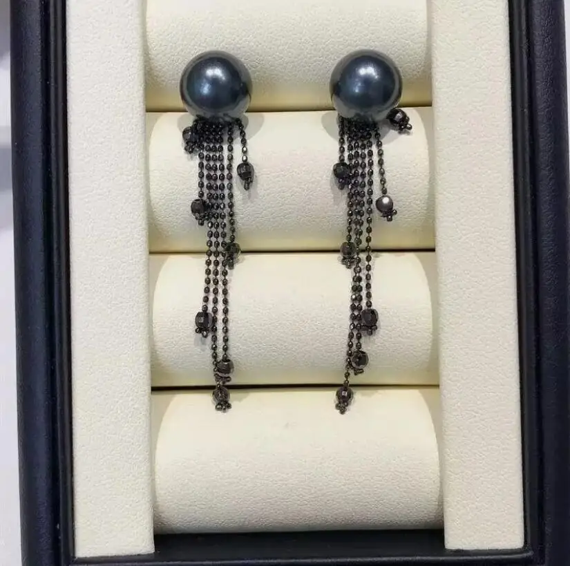 

stunning pair of 9-10mm tahitian round black green pearl dangle earring 925s