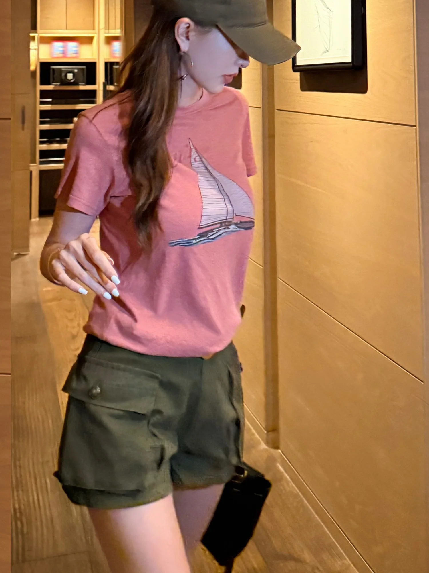 

Женская розовая льняная футболка с коротким рукавом MBNLF Qin Lei, повседневный стиль, индивидуальная окраска, XMXSY4046, летняя коллекция, женский топ