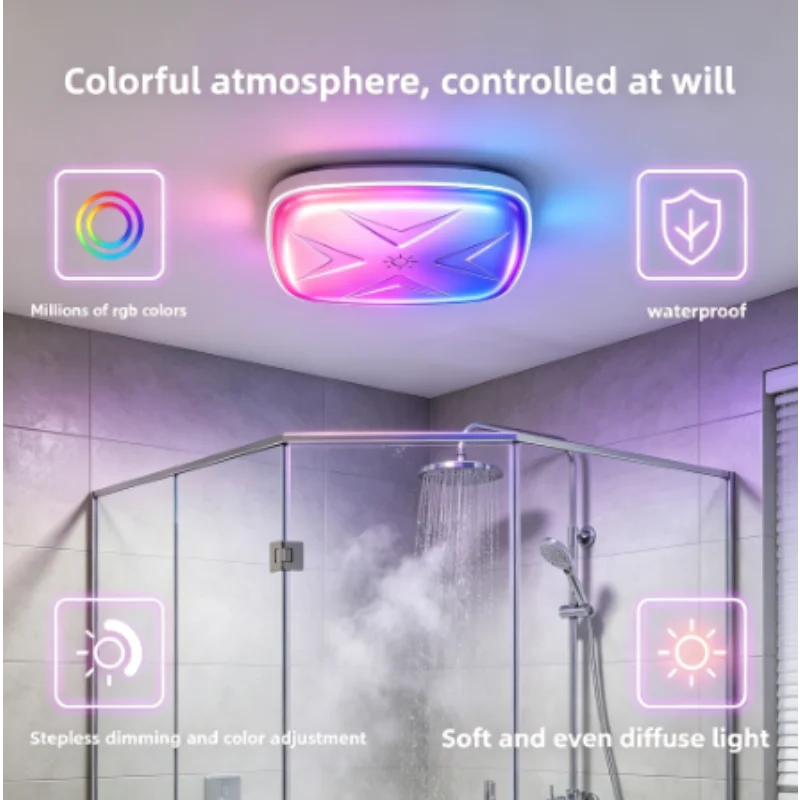 Waterproof RGB Shower Ceiling Light, LED Dimmable Atmosphere Lamp with Remote for Bathroom Decoration