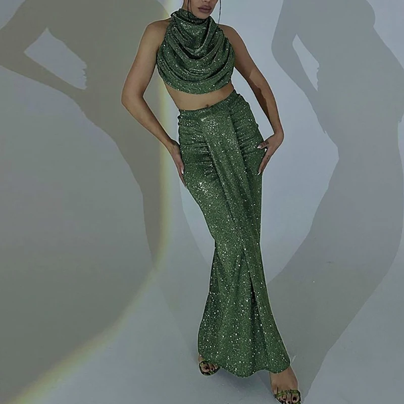 Fashion Skinny Hight Waist Solid Suit Sexy Sleeveless Bright Silk Slim Sets Elegant Halter Pile Collar Crop Top & Skirt Outfits