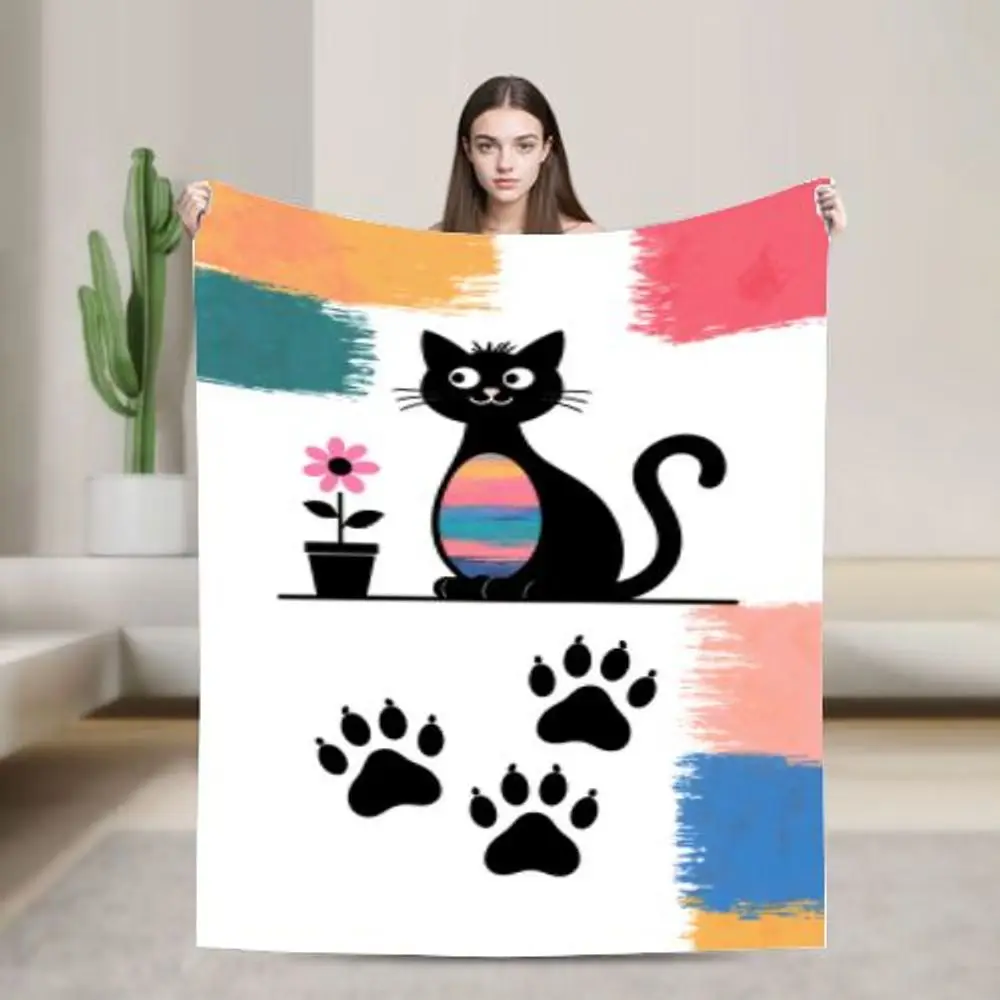 بطانية رمي قطة سوداء رائعة بتصميم وجه وردي وأبيض - بطانية صوف ناعمة ومريحة تتميز بطن متدرج من الوردي، Bl #3