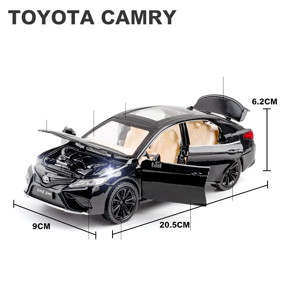 Modèle de véhicule jouet moulé sous pression, échelle 1:24, Toyota Camry, côtes arrière, son et lumière, portes ouvrables, collection dos, cadeau pour enfant