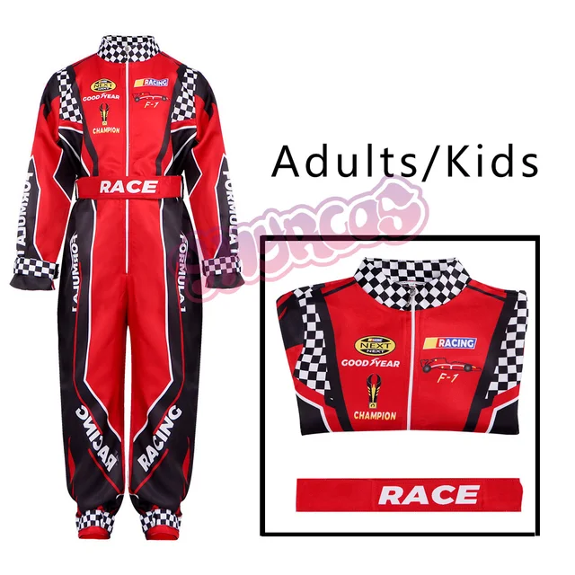 Chłopiec Racer przebranie na karnawał czerwony klasyczny jednoczęściowy strój treningowy wyścigowy dla dzieci Halloween Karting Jersey ubrania dla dorosłych