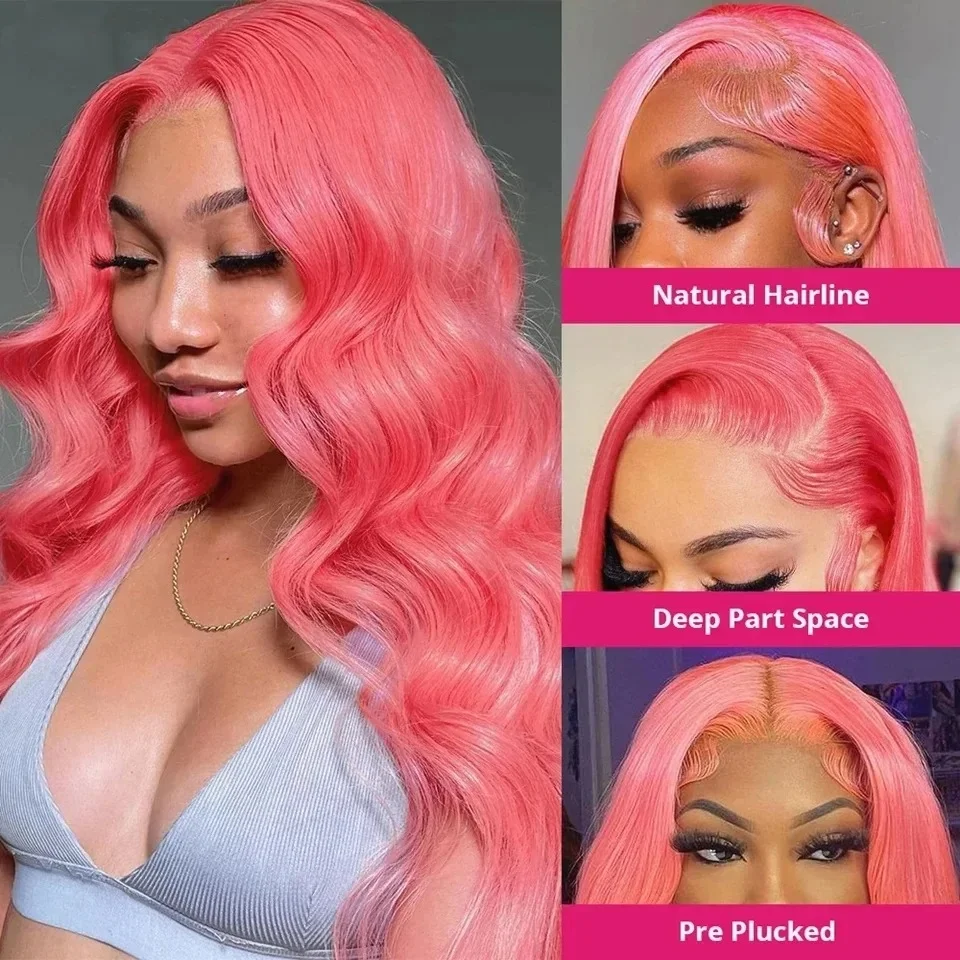 Wig Rambut Asli 100% Model Body Wave Transparan 13x4 13x6 Hd Lace Frontal Pre Plucked Warna Pink Muda Untuk Wanita