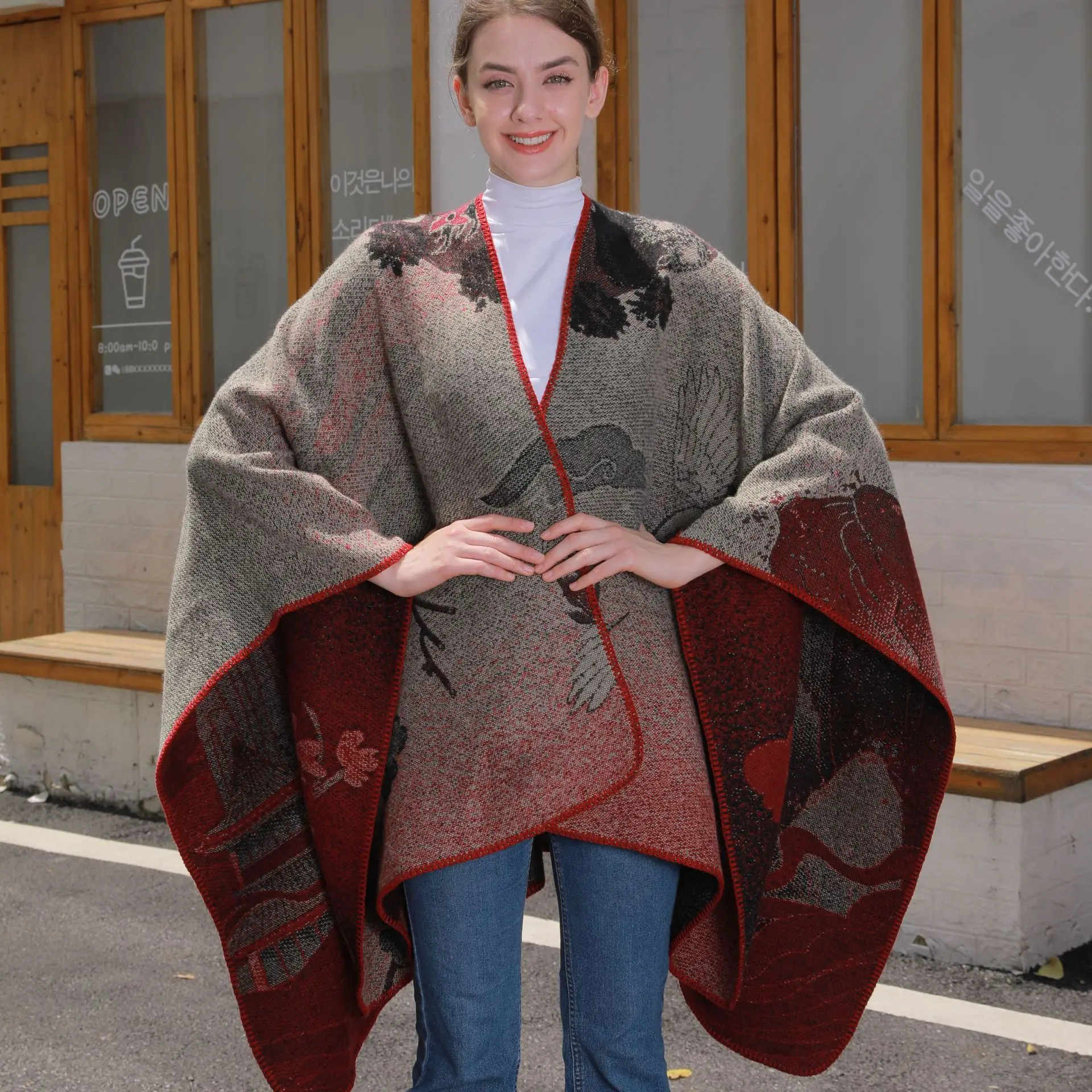 

6 Colors Women Printed Chinese Style Big Pendulum Poncho Shawl Split Long Autumn Thicken Jacquard Cloak Air Conditioning Blanket