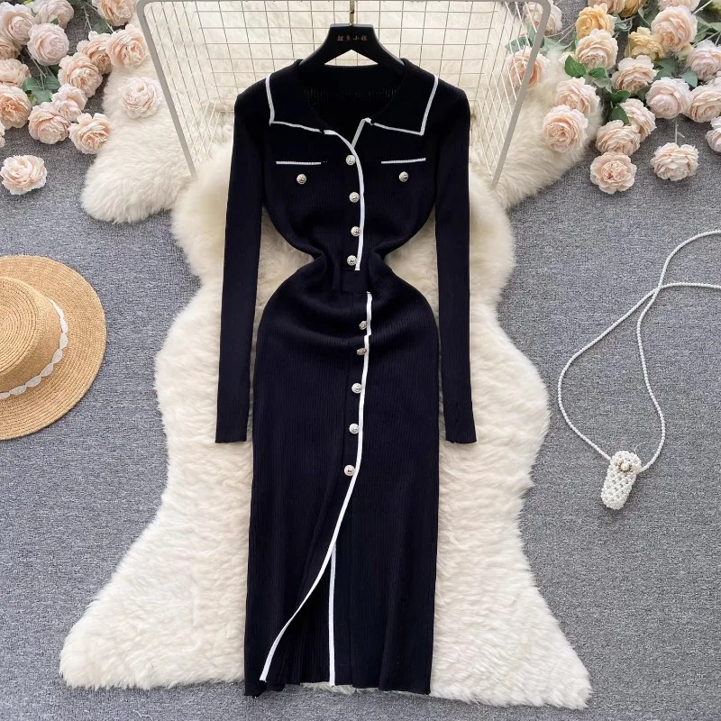 2024 Autumn Winter Slimming Sexy Slimming Vestidos Femme Lapel Contrasting Color Single Breasted Waist Cinching Slit Knit Dress