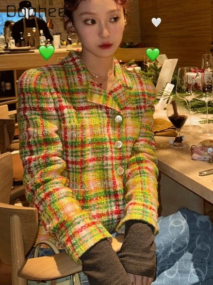 

Красочное твидовое короткое пальто в клетку для женщин, элитное элегантное светское винтажное шерстяное пальто с отложным воротником и длинными рукавами