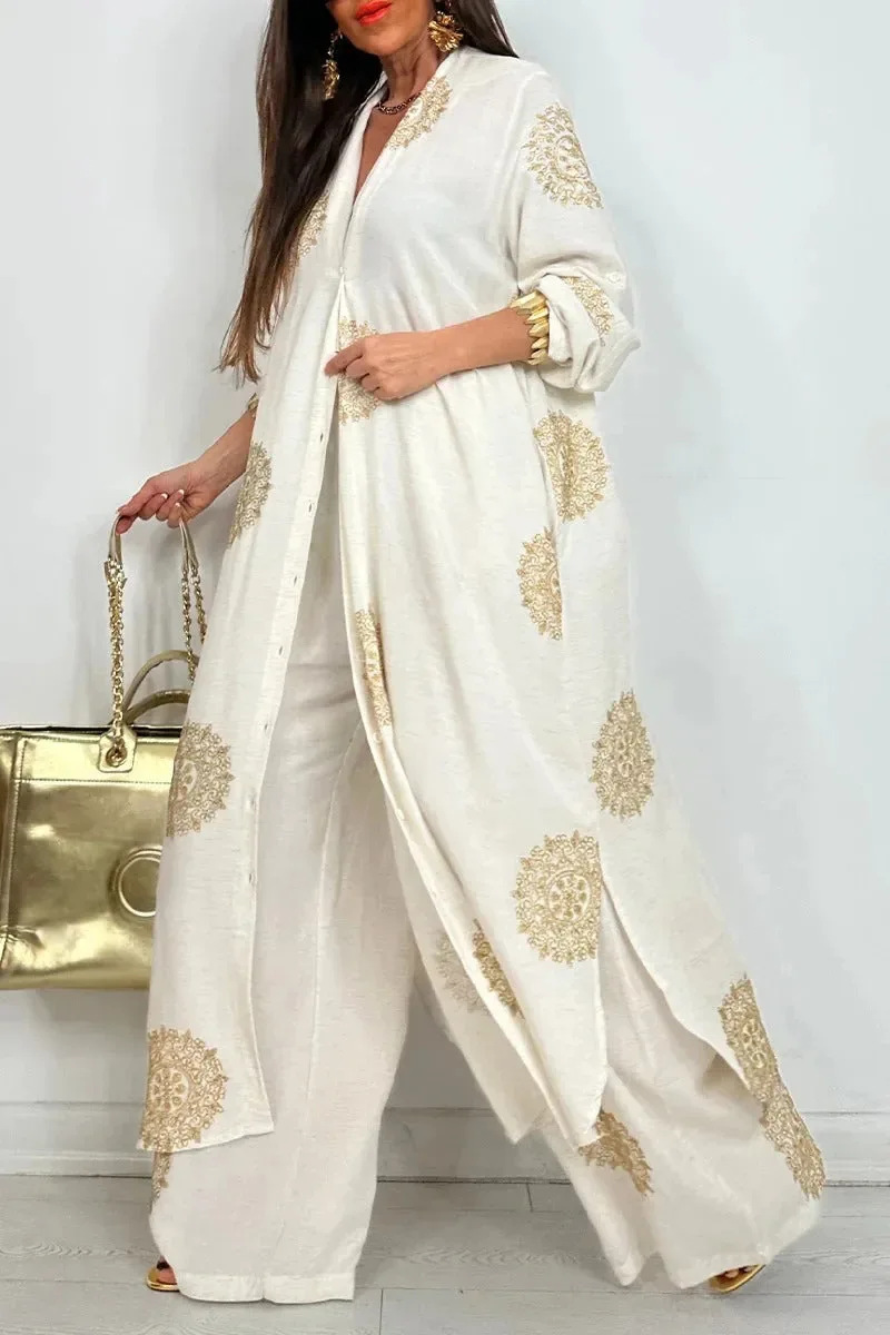 Women's Loose Long Vintage Printed Robe Set Spring Summer Casual Button Shirt Blouses Wide Legs Pants Oversized Two-piece Outfit image 5