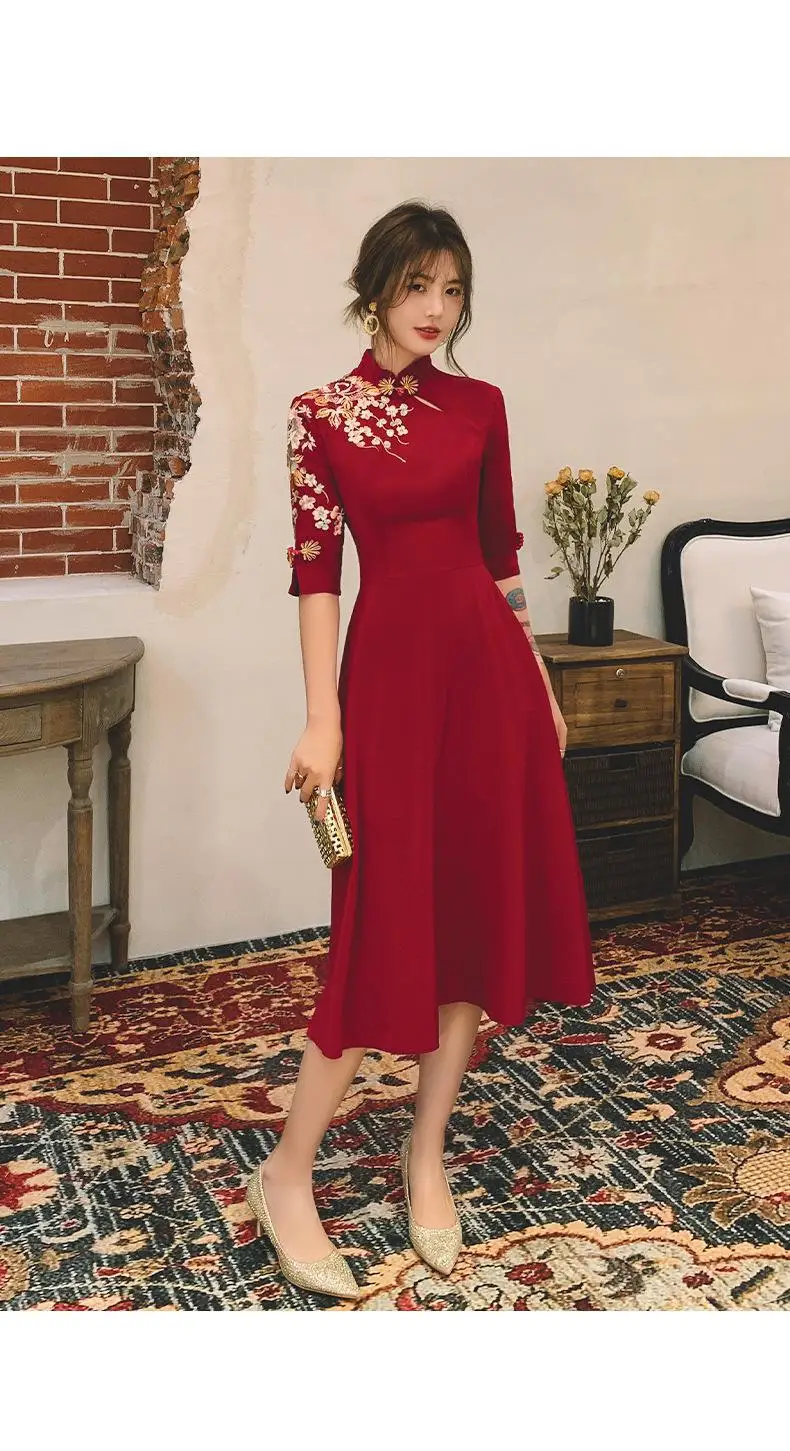 Altsuceser Cheongsam Jurk voor Vrouwen Stand Kraag Draak Bloemenprint Split Zoom Qipao Jurk Chinese Jurk Rood S