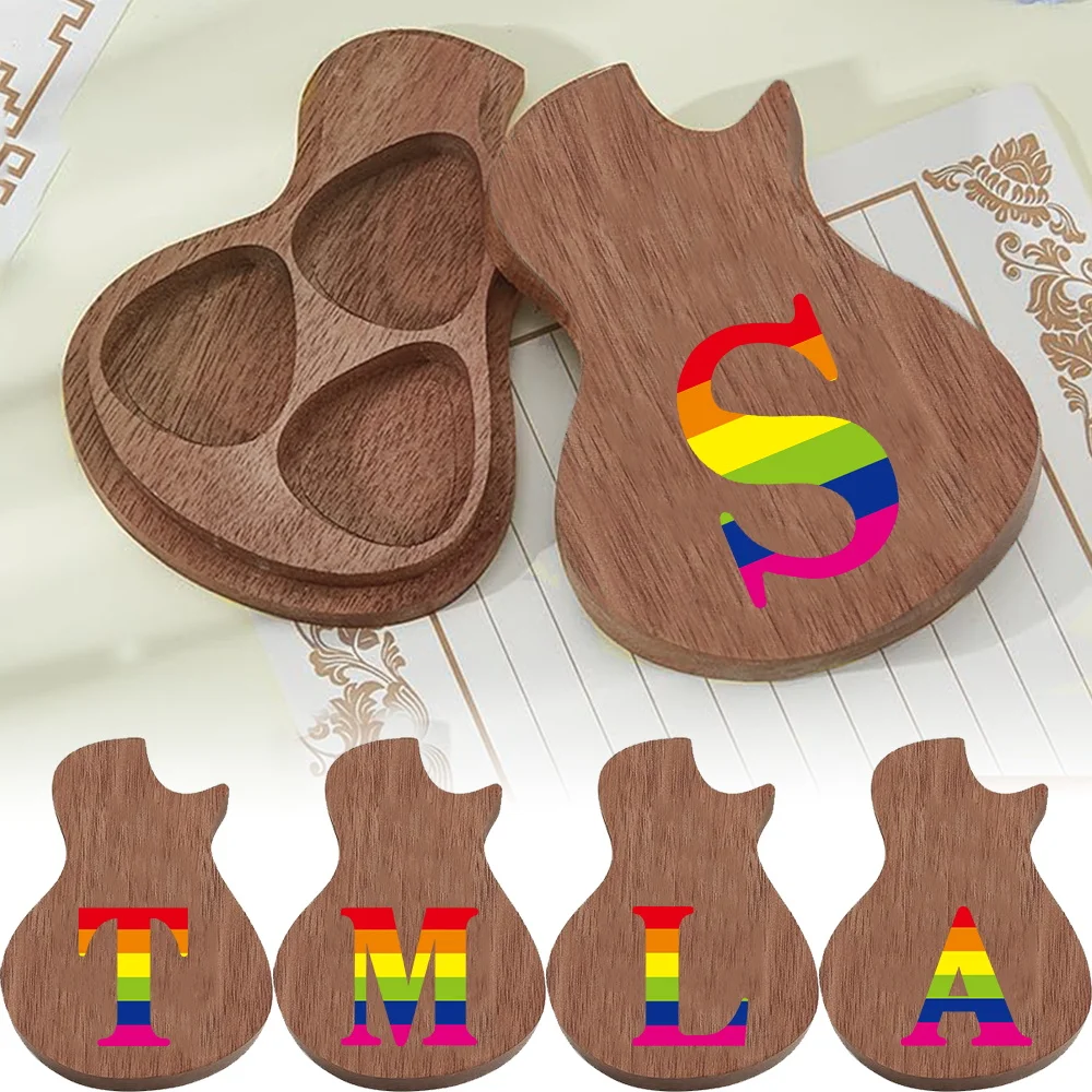 

1pc Wooden Guitar Pick Holder Box With Rainbow Letter Travel-Essential Accessories Container Initial Name 26 Letters Pattern