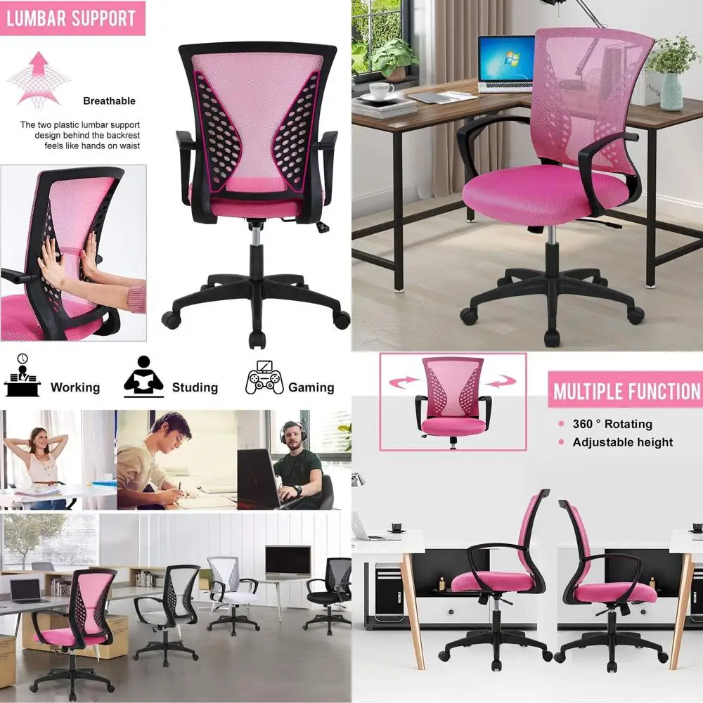 

Ergonomic Mid-Back Computer Chair with Adjustable Armrests, Pink Mesh Swivel Office Chair for Back Support and Comfort at Home