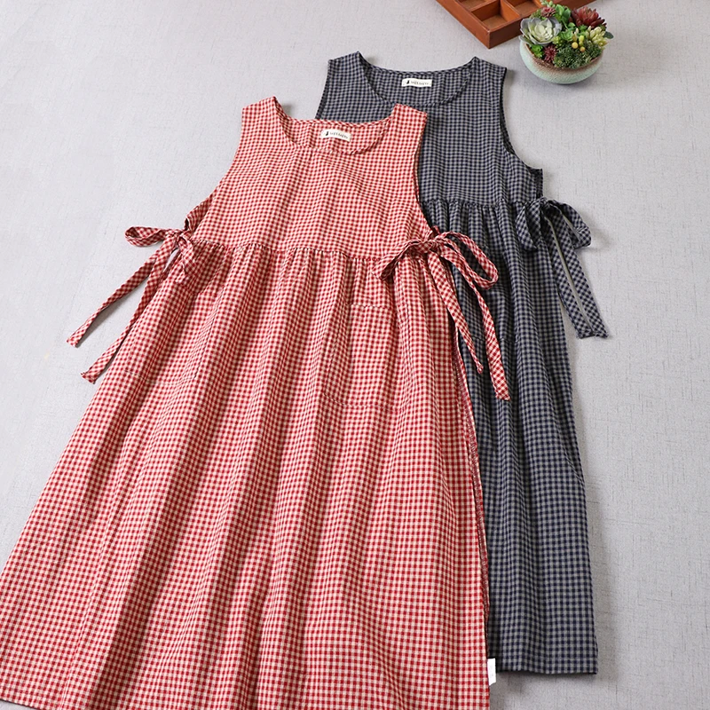 Japanese Mori Girl Vintage Plaid Cotton Linen Tank Dress Women O-Neck Sleeveless Bandage Cover Up Casual Loose Midi Dresses