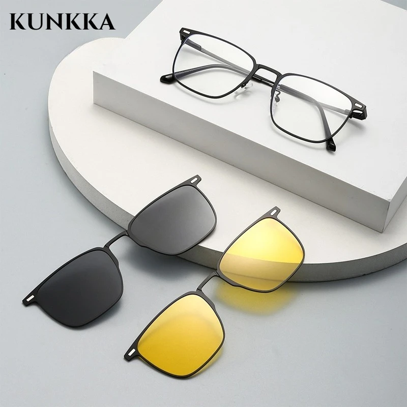 KUNKKA Magnet Clip Polarized Sunglasses Men Driving night vision Square Frame Custom Prescription Eyewear Women Myopia Glasses