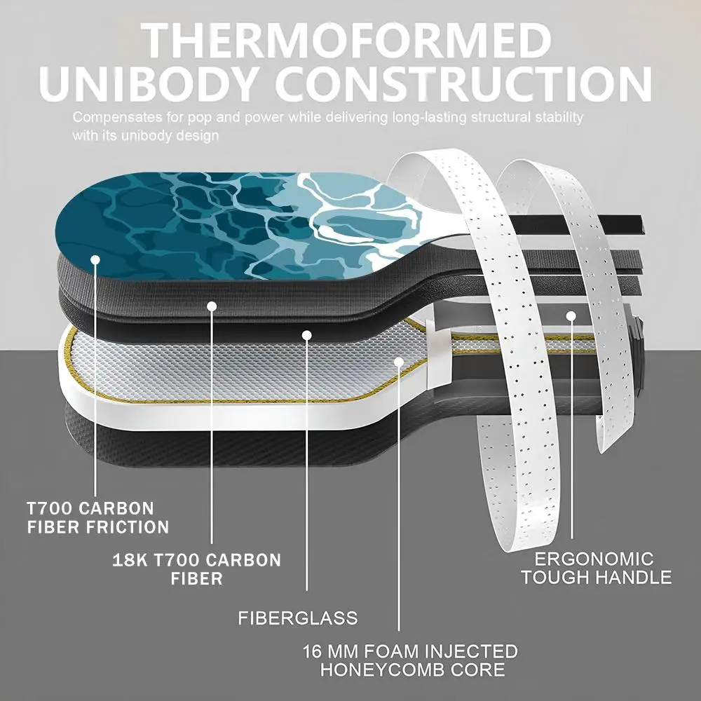 مجموعة مجداف Pickleball المعتمدة من USAPA T700 من ألياف الكربون Unibody مع طاقة أساسية على شكل قرص العسل مقاس 16 مم وموجات بحرية