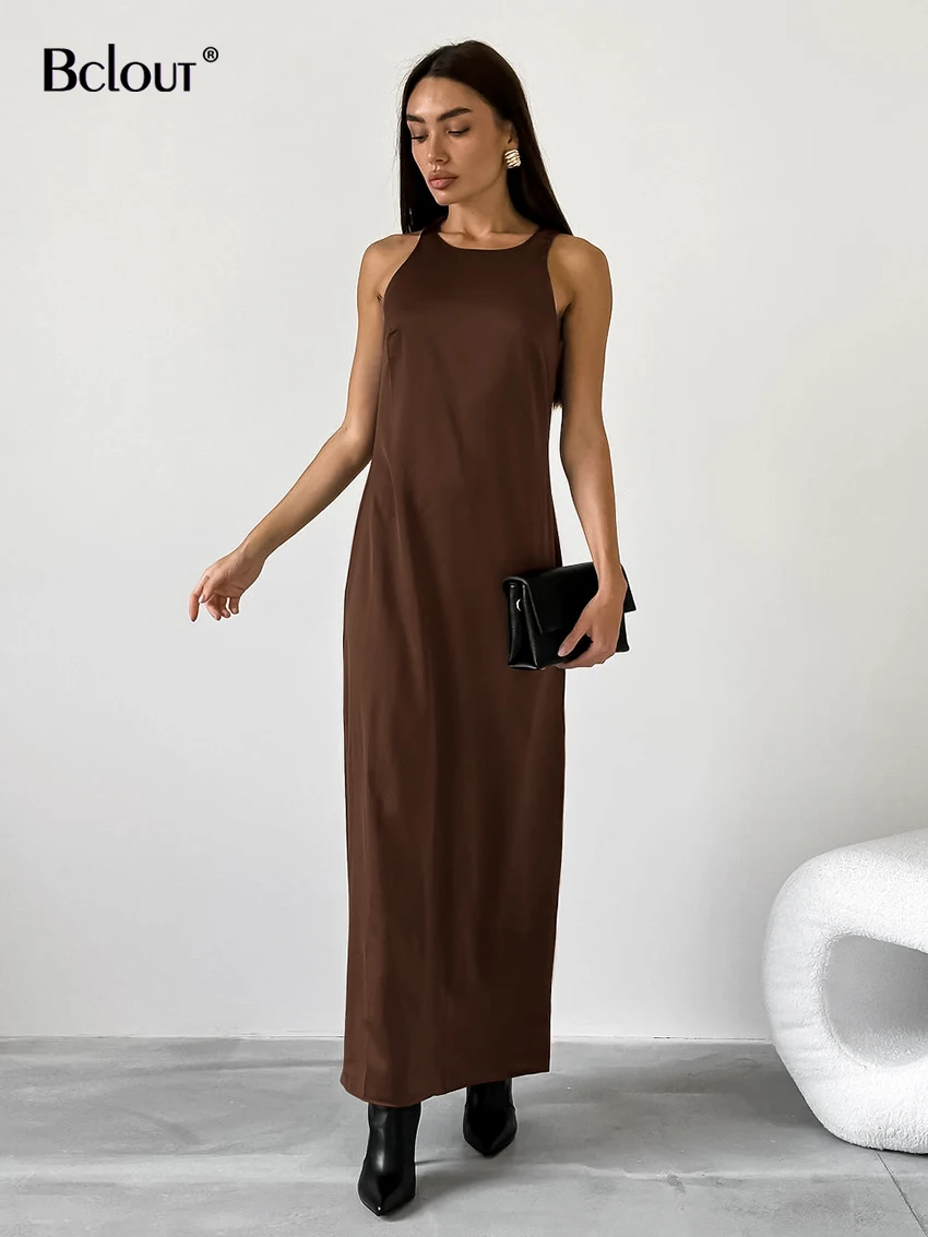 

Bclout Fashion Satin Brown Dress Women 2024 Summer O-Neck Solid Office Lady Straight Dresses Casual Sleeveless Party Long Dress