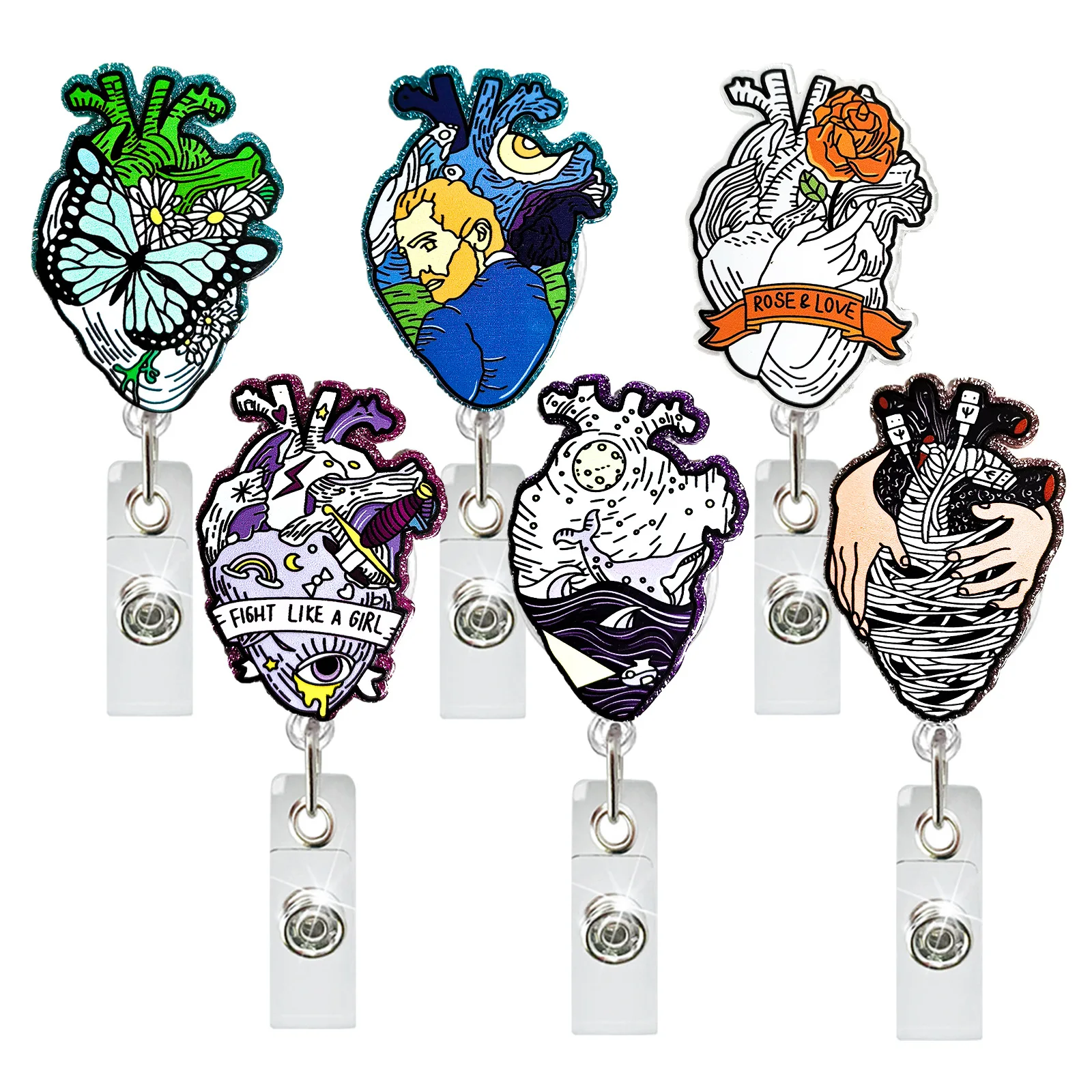 Acrylic Heart Elastic Clip Rotating Badge Holder Retractable Badge Reel for Doctor Nurse Teacher Student