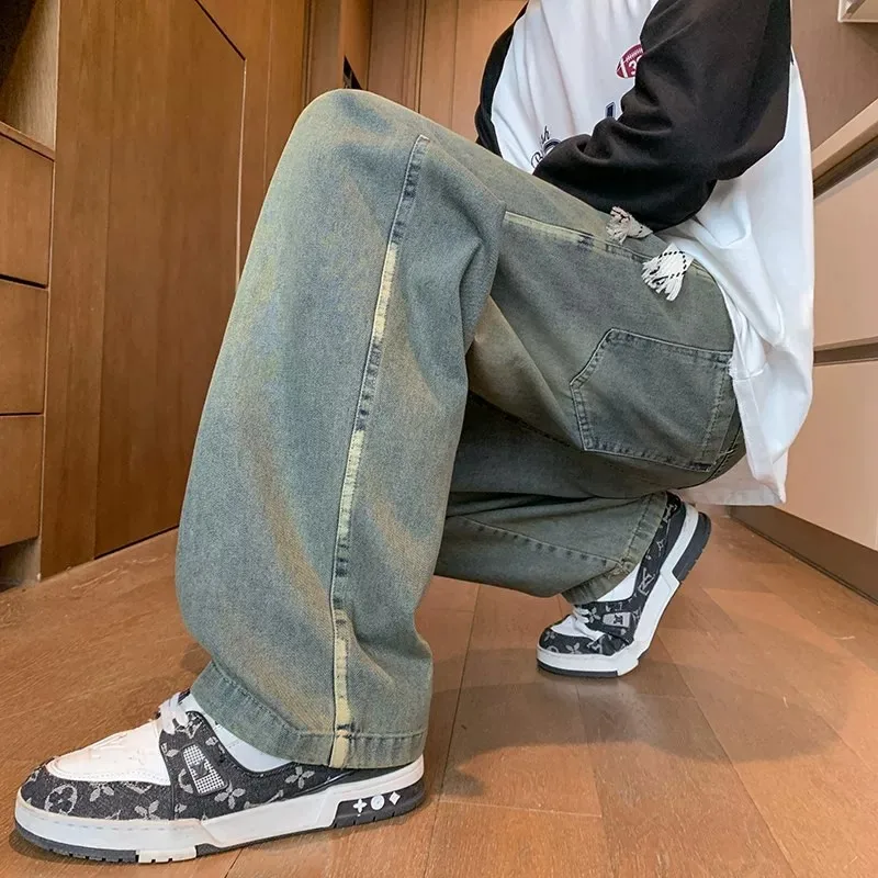 Youthful Straight Leg Jeans Men's Casual Loose Fit Classic Washed Versatile Wide Leg Trendy Slimming Blue Jeans