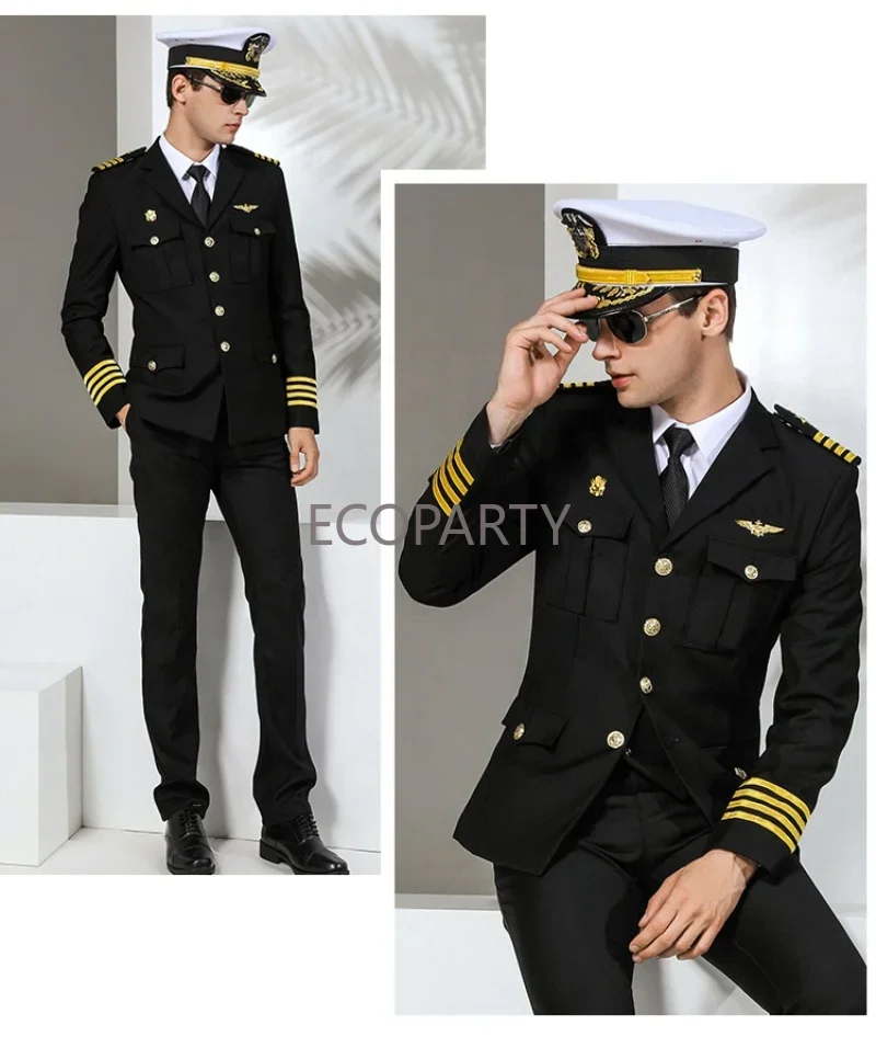 New Uniform Captain and Seafarer Clothes Men American Formal Attire Suits Jacket + Pants Aircraft Commander Mens Suits 2 Piece