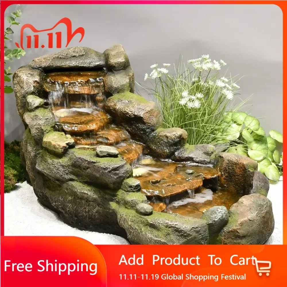 Garden outdoor fountain, floor standing layered rock outdoor fountain with LED lights and pump, used in gardens and backyards