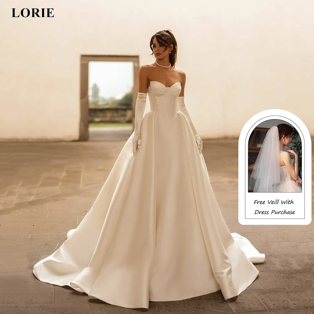 LORIE Elegant Ivory Satin Wedding Dresses A-Line Strapless Pleated Fairy Bride Prom Gown Draped Vintage Bridal Gowns Customized