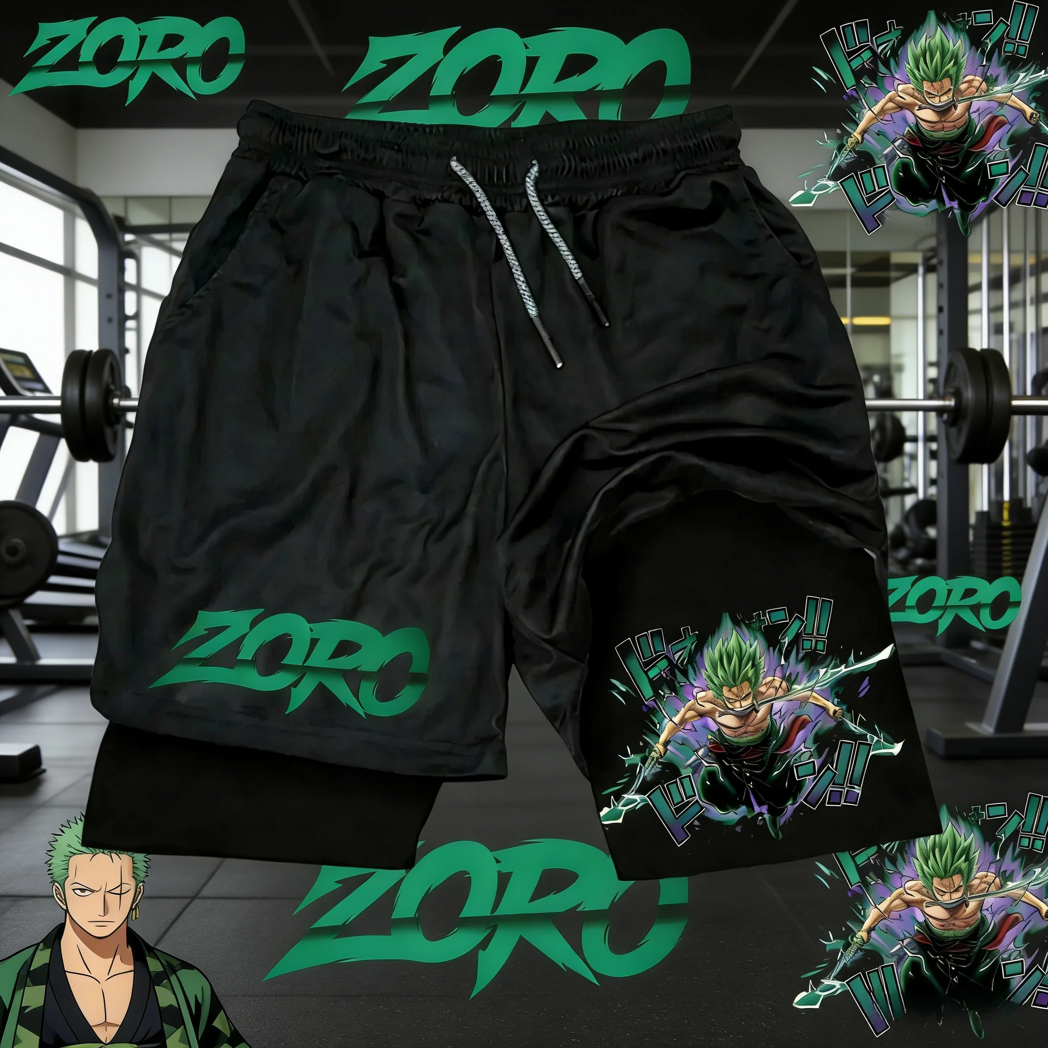 

2026 Summer One Piece Retro Double Layer Sports Shorts Men's Fitness Roronoa Zoro Print Oversized Athletic Shorts for Adults