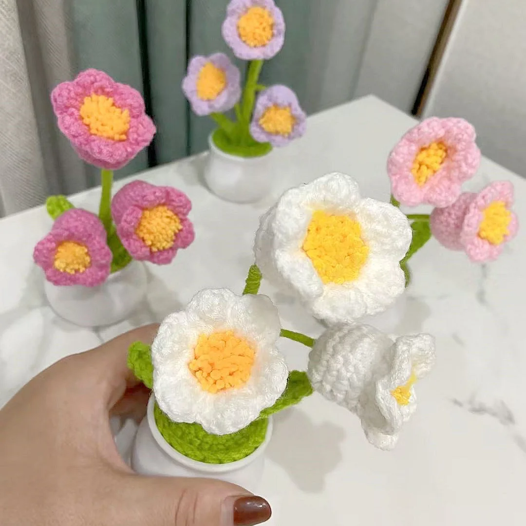 DIY Handwoven Mini Pot Flower Planting Finished Wool Thread Crochet Material Bag Finished Office Decoration Car Accessories