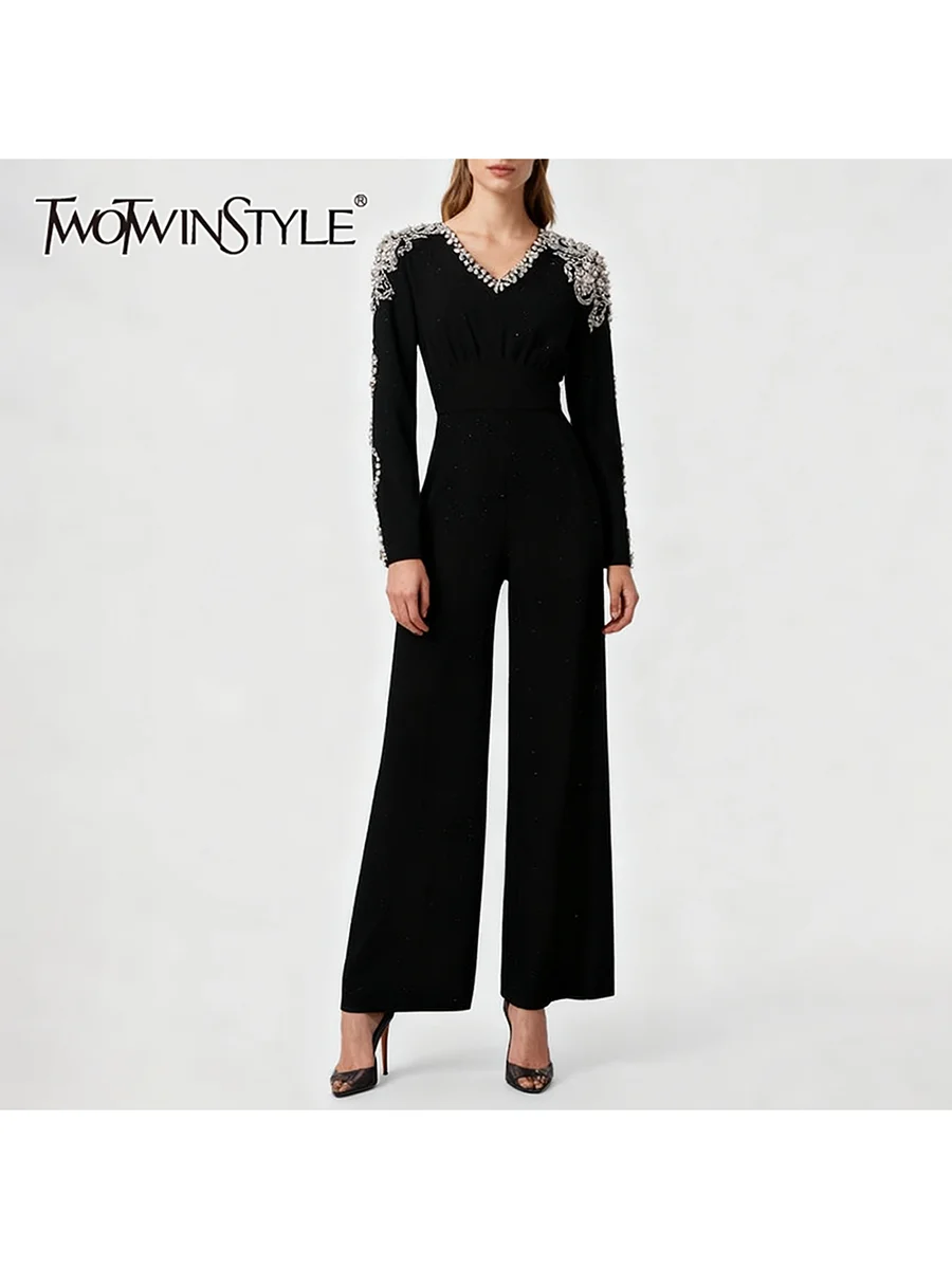 

TWOTWINSTYLE однотонные элегантные комбинезоны с бисером для женщин, v-образный вырез, длинные рукава, темпераментный комбинезон с высокой талией, женский новый