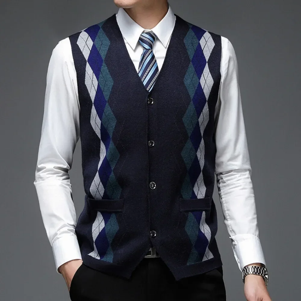 2025 Men\'s Business Casual Pullover Wear Warm Sleeveless Wool Knitted Cardigan Sweater Vest Tops