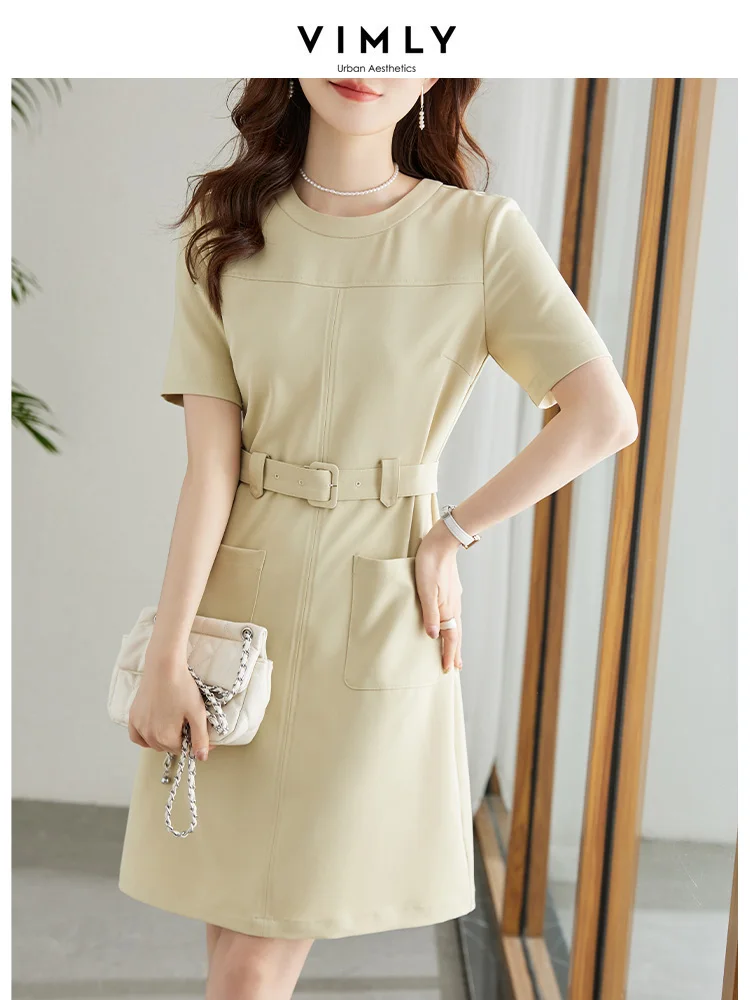 

Vimly Summer Dress for Women 2023 Fashion Office Lady O Neck Belt Waist Short Sleeves Front Pockets Solid Elegant Mini Dresses