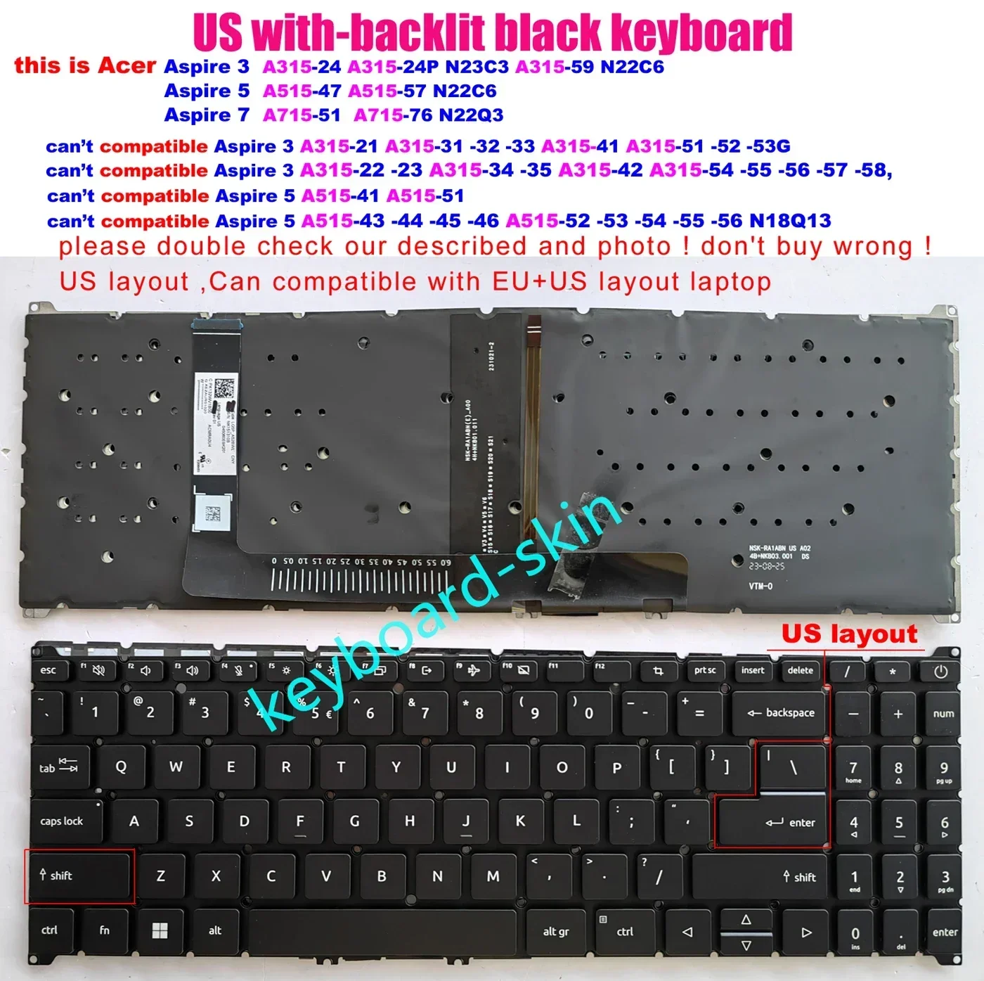 New US backlit Keyboard for Acer Aspire 3 A315-24 A315-24P N23C3 A315-59 N22C6 Aspire 5 A515-57 Aspire 7 A715-51G A715-76G N22Q3