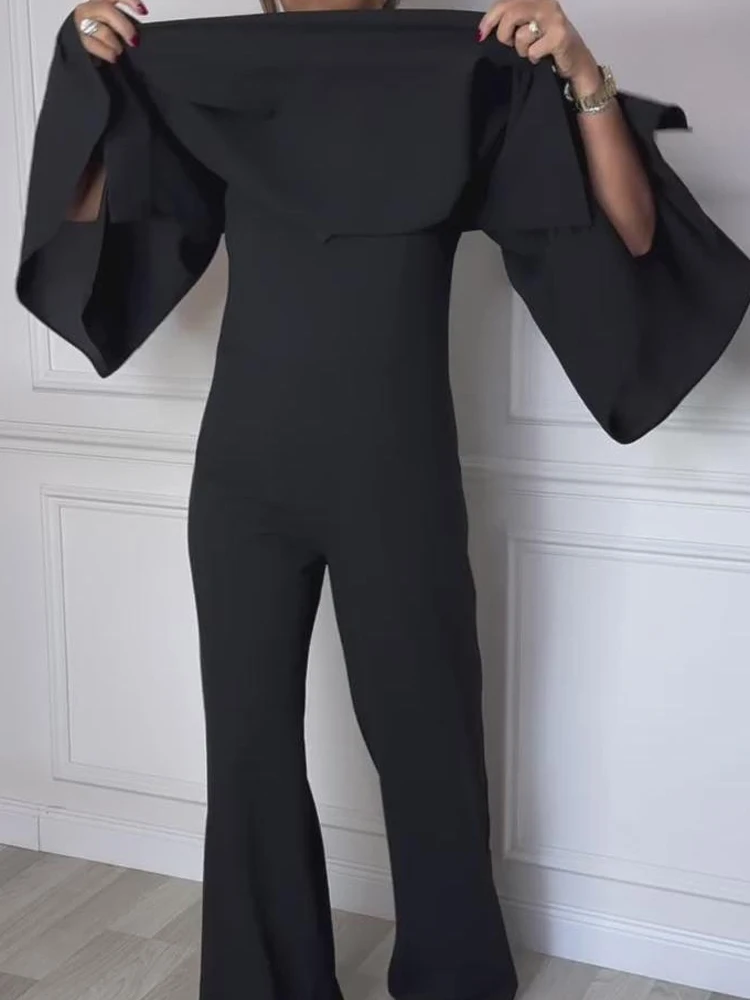 

Женские повседневные широкие леггинсы для вечеринок, сексуальный однотонный комбинезон с v-образным вырезом и рукавами «летучая мышь», модный простой удобный длинный комбинезон