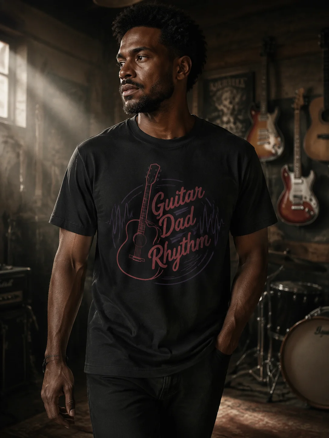 

Men Graphic T Shirt Short Sleeve Loose Fit 50% Cotton 50% Polyester Stretch Fabric Guitar Dad Rhythm Print Casual Summer Daily
