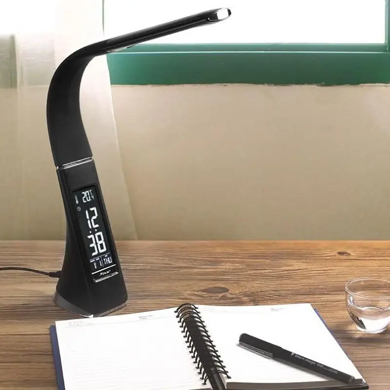 LED Eye Protection Table Lamp, Touch Control USB Reading Lamp with Thermometer, Clock, 3 Brightness Levels 360 Degree Rotation,
