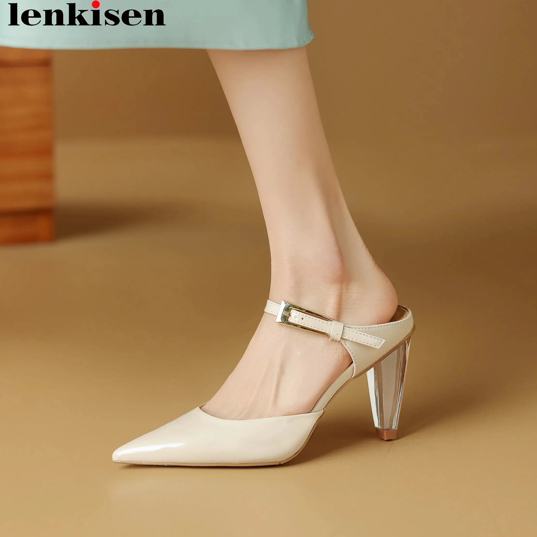 

Lenkisen Genuine Leather Shallow Mules Summer Pointed Toe Spike Heels Slip On Slingback Nightclub Sexy Wedding Party Women Pumps