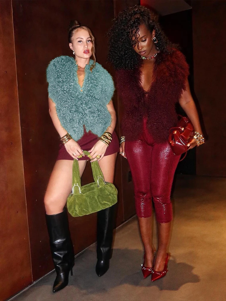 

Sisterlinda Trend Холтер Пушистая Майка Женская Сексуальная Спинки Крестовая Повязка Полуночная Дикая Уличная Одежда Осенняя Вечеринка Hottie Меховой Жилет